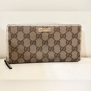 COA included Gucci Brown Beige GG Canvas Zip Wallet with Gold Plate